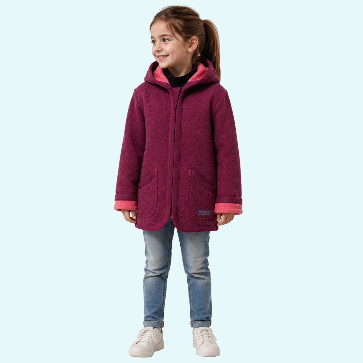Wollkids Mädchen doubleface Walkjacke 100% Merinowolle mit Reißverschluss & Kapuze