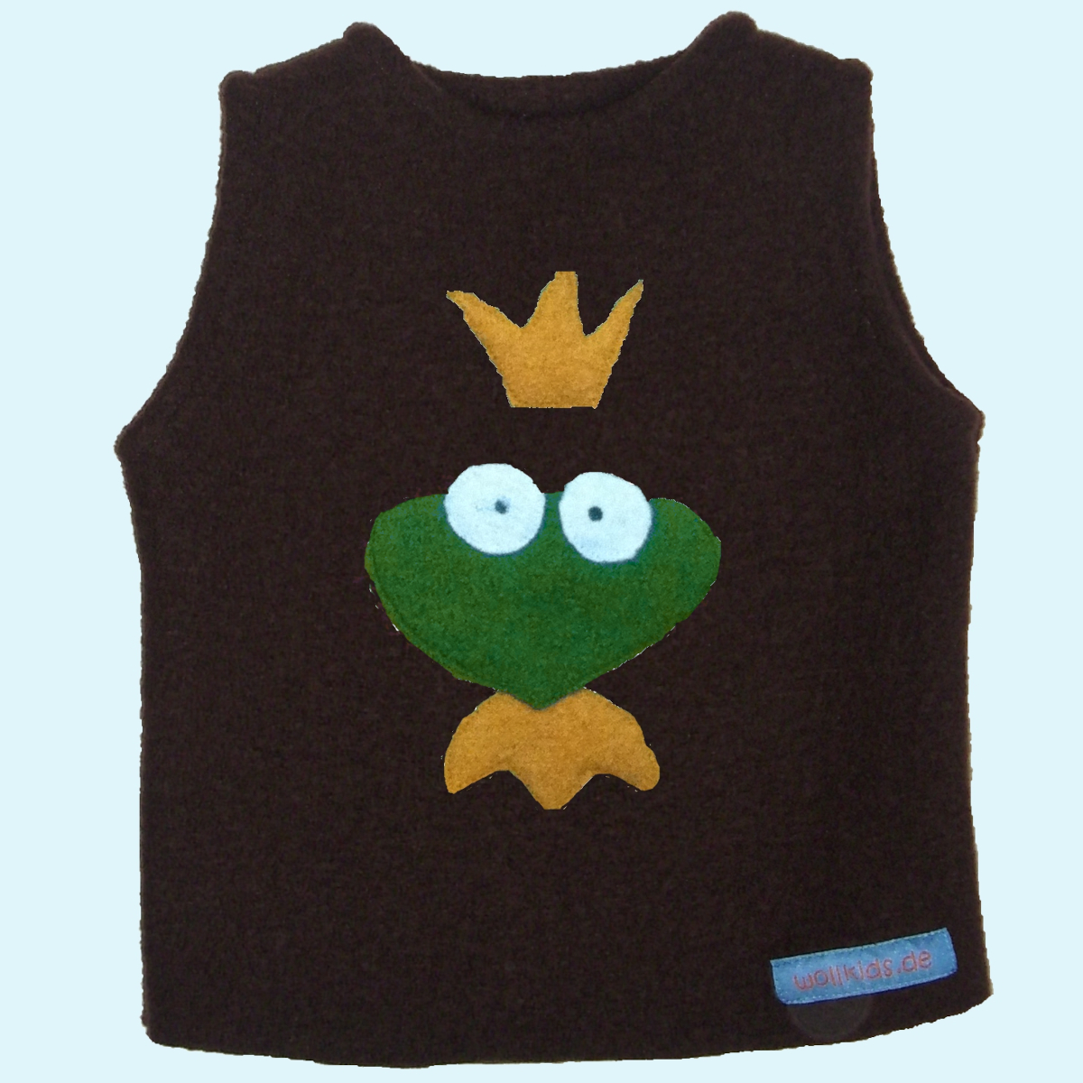 Wollkids Kinder Winter Pullunder aus 100% Wollwalk braun Froschkönig Wollkids Baby & Kinder Winter Pullunder Weste aus 100% Wollwalk ohne Reißverschluss braun mit Motiv Froschkönig