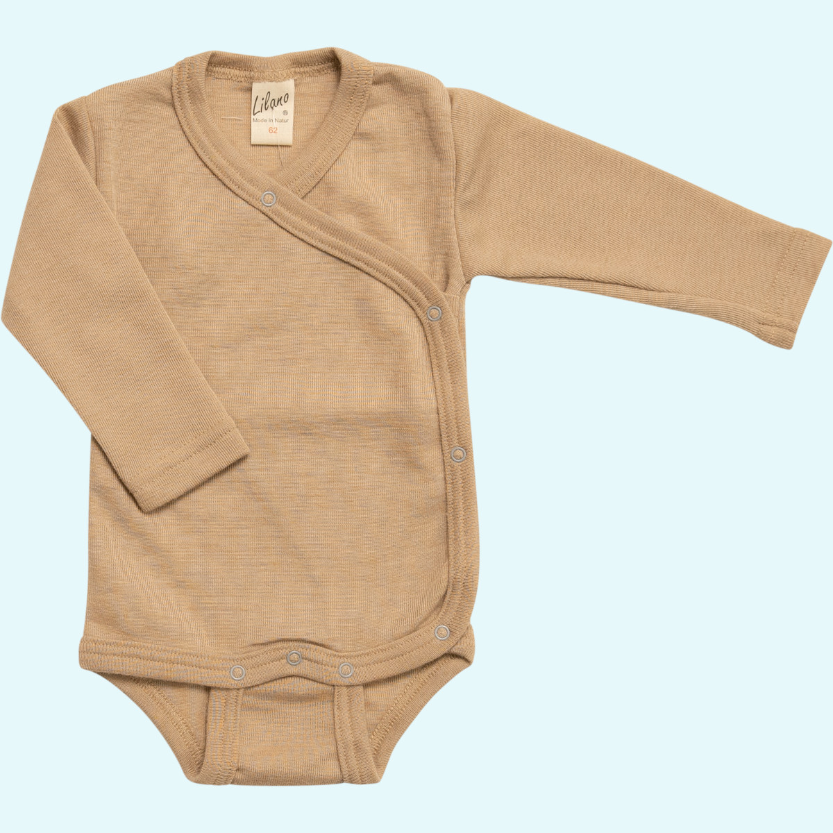 Zärtlicher Baby Wickel-Body langarm aus merino Wolle/Seide Lilano Zärtlicher Baby Wickelbody langarm aus BIO merino Wolle/Seide von Lilano