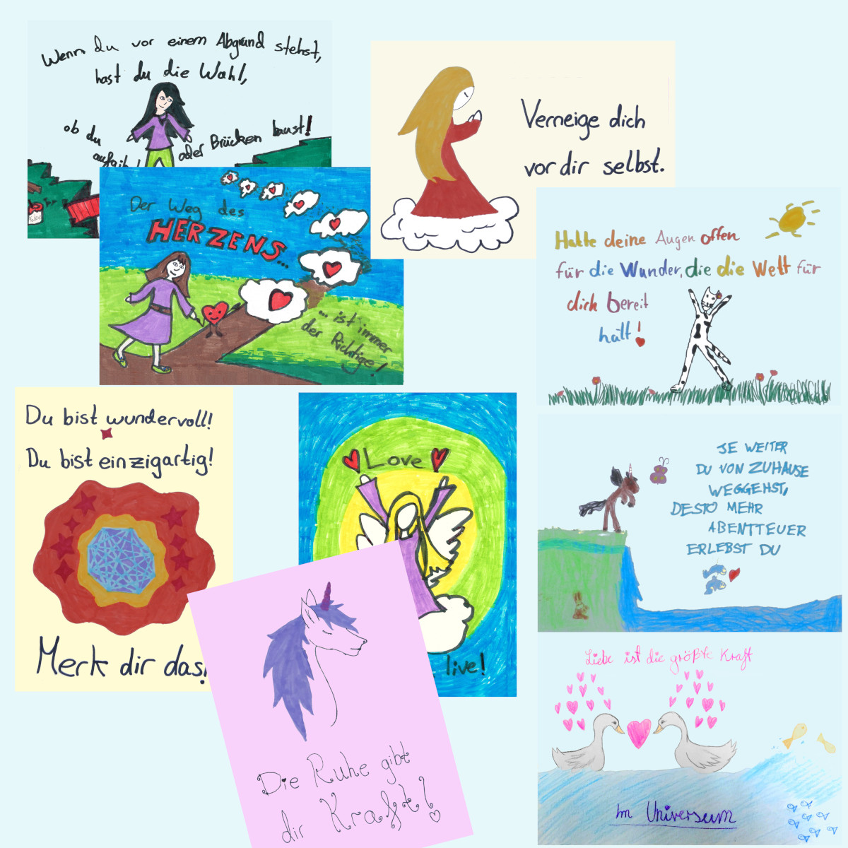 Postkarten mit schönen, tiefgehenden & berührenden Sprüchen & Motiven Wollkids Postkarten mit schönen Sprüchen & Motiven selbst gestaltet durch Kinderhand