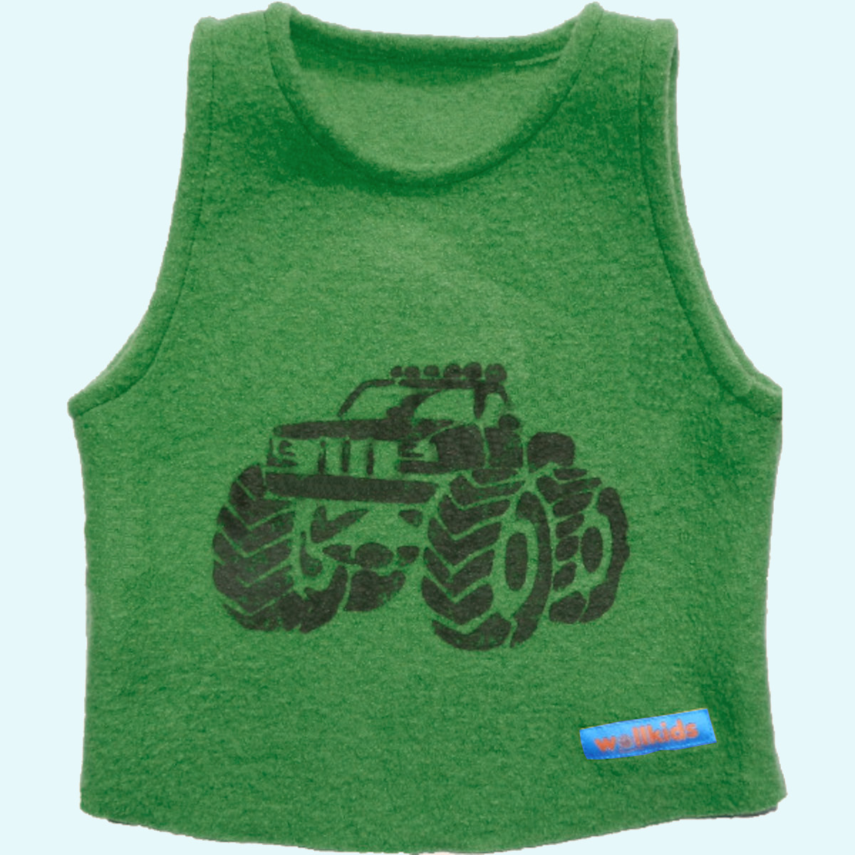 Pullunder aus Walk für Jungen Wollkids Weste Schlupfweste Pullunder Riesen Truck Monster gras