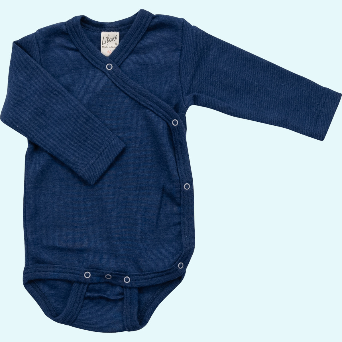 Zärtlicher Baby Wickel-Body langarm aus merino Wolle/Seide Lilano Zärtlicher Baby Wickelbody langarm aus BIO merino Wolle/Seide von Lilano