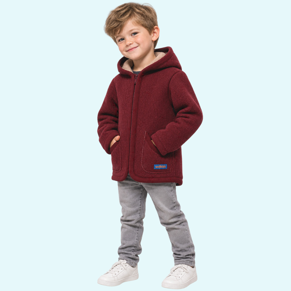 Wollkids Mädchen doubleface Walkjacke 100% Merinowolle mit Reißverschluss & Kapuze