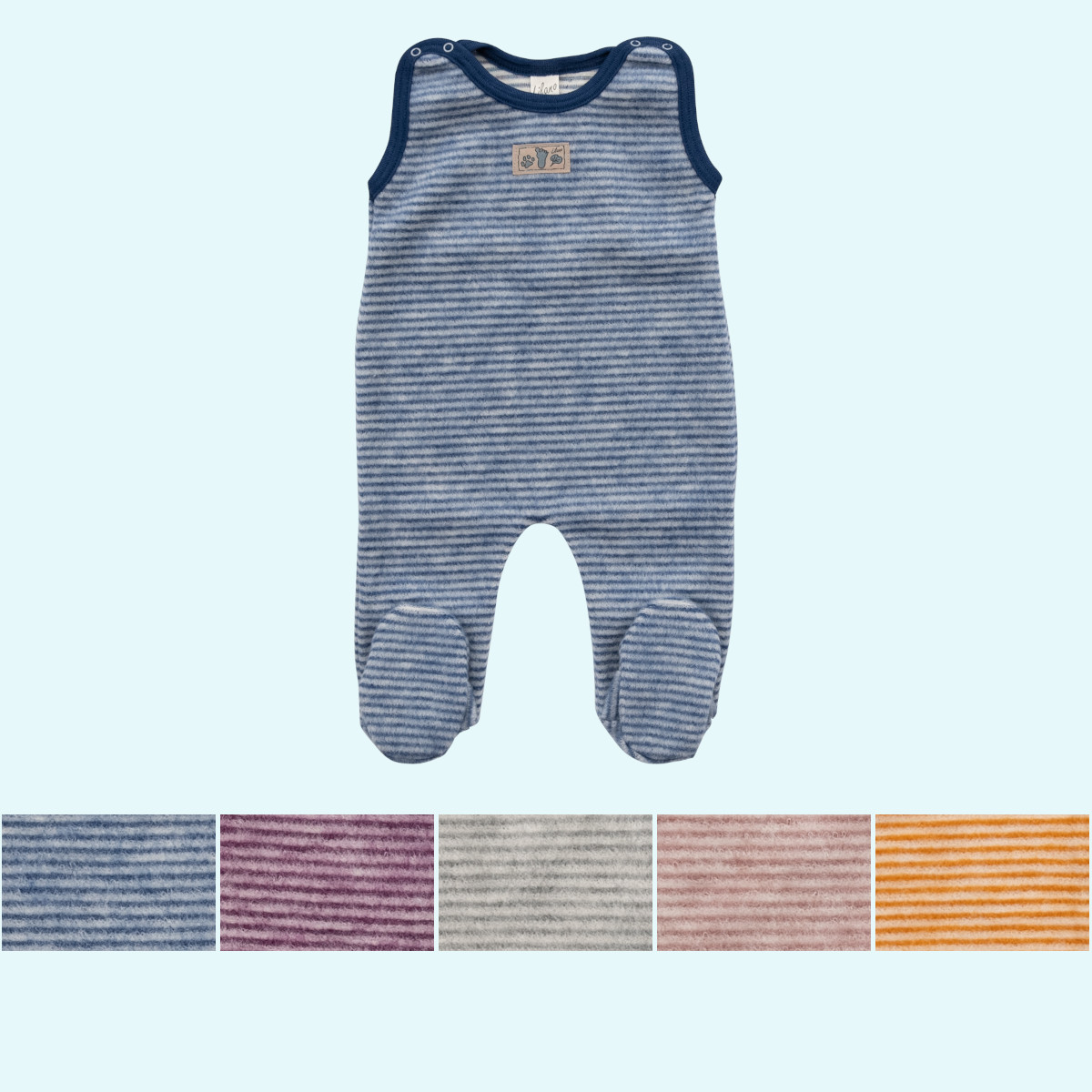 Baby Strampler mit Fuß Wollfrottee Plüsch ohne Arm farbig geringelt GOTS